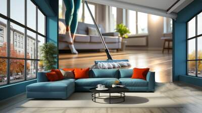 Close-up woman cleaning the flooring with a mop in bright white living room. Wall mural