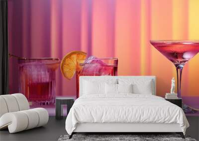 Cocktails with elegant modern cosmopolitan and martini fancy glasses. colors are pink and purple Include ample negative space and vibrant simple color. Generative AI. Wall mural