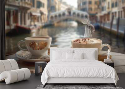 Coffee shop in an open terrace, 2 cups of coffee with gentle steam on the table, Next to the cup, place some appetizing macarons and marshmallows. Generative AI. Wall mural