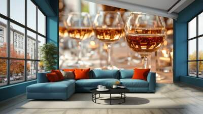 Cognac glasses on table, catering event. Generative AI. Wall mural