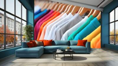 Colorful t-shirts on hangers, Apparel cloth background. Wall mural