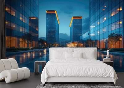 Commercial office real estate, night view renderings, bright lights. Generative AI. Wall mural