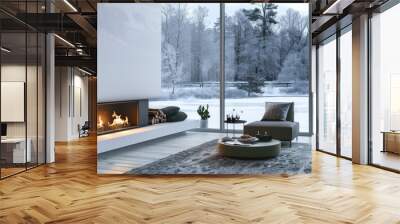 Cozy interior with a minimalist white fireplace, grey and green furniture, and a large window overlooking a snowy landscape, the fire softly glowing. Generative AI. Wall mural