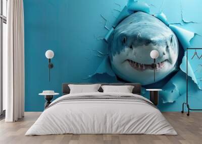 Cute shark peeking through a hole in a blue paper wall with copy space. Generative AI. Wall mural