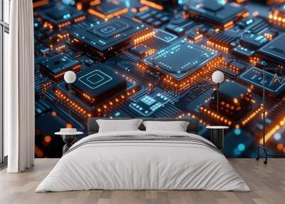 Cybersecurity, static, very high quality and detailed, dark background, blue and dark grey colors, smooth lights. Wall mural