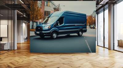 Dark blue delivery van standing in the street. Generative AI. Wall mural