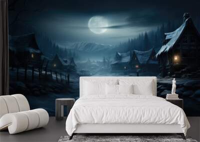 Dark mysterious snowy village around Christmas time. Generative AI. Wall mural