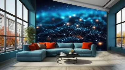 Data atoms and network of connections in the style of dark sky-blue and black, Playfully intricate, Unreal engine. Generative AI. Wall mural