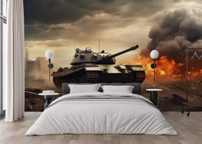 Desert combat with a battle tank that supports the army on the advance for tactical war. Wall mural