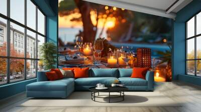 Dining table, outdoor dinner, evening, warm colors. Generative AI. Wall mural