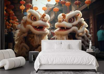 Dragon and Lion Dances in street, Two people in traditional Chinese festival lion costume and the other in a dragon costume colorful lanterns and buildings. Wall mural