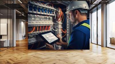 Electrical technician working in a switchboard at control panel, Inspection and planning maintenance on clipboard. Wall mural