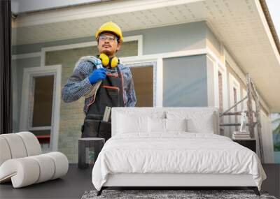 Electrician working at the construction site,Engineer,Construction concept. Wall mural