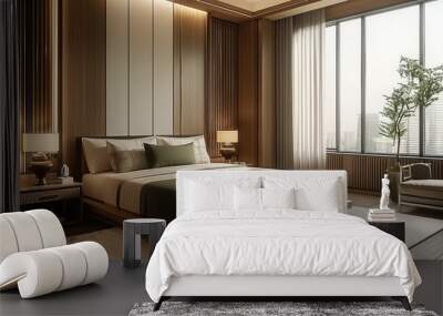 Elegant bedroom that merges New Chinese aesthetics with contemporary luxury. The room features a large bed with a sleek wooden frame and plush bedding in neutral tones. Generative AI. Wall mural