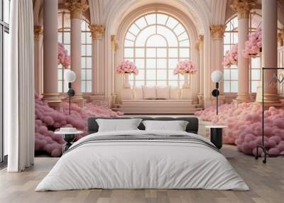 Elegant luxury wedding venue interior design with pink roses. Wall mural