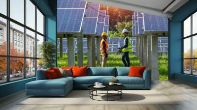 Engineer team working and installing solar panels at solar power plant,Innovative solution for energy solving,Use renewable resources,Green energy. Wall mural