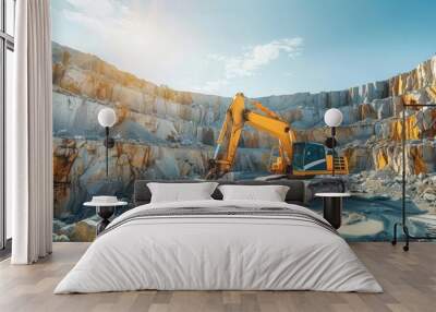 Excavator at work in a sunlit quarry. Generative AI. Wall mural