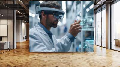 Facility Manager using AR-glasses and AR-technology to fix a machine in a pharma company. Generative AI. Wall mural