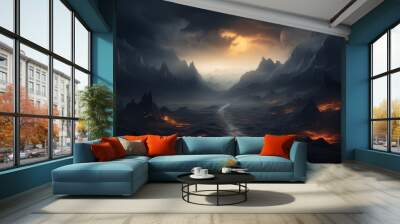 Fantasy art of a beautiful black sand desert and mountain with ominous storm clouds. Wall mural