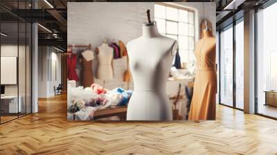 Fashion designer, Small business workshop with various sewing items, fabrics and mannequins standing. Wall mural