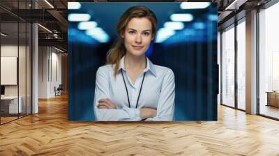 Female IT Specialist is standing in data center near server racks. Wall mural