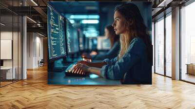 Female Software Engineer Writing Code on Desktop Computer with Multiple Screens Setup in Stylish Co working Office Space. Generative AI. Wall mural