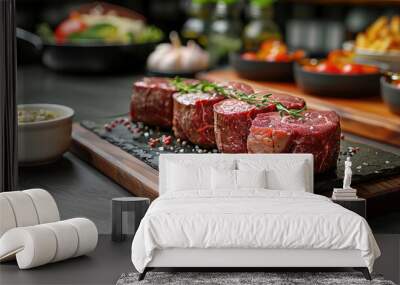 Five cut steaks stacked on a black stone slab on a kitchen preparation table, surrounded by other side dishes, tempting and delicious looking, wooden tabletop. Generative AI. Wall mural