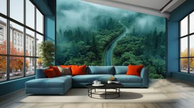 Foggy on winding highway through green forest landscape, aerial view of mountain road with trees and clouds. Generative AI. Wall mural