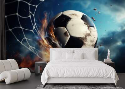 Football flying into goal net. Wall mural