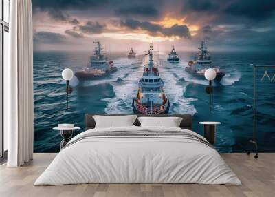 Four large coast guard vessels next to each other sailing across the ocean. Generative AI. Wall mural