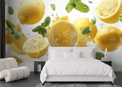 Fresh flying lemons and mint leaves isolated on white background. Generative AI. Wall mural