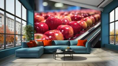 Fresh Red Apples On A Conveyor Belt. Wall mural