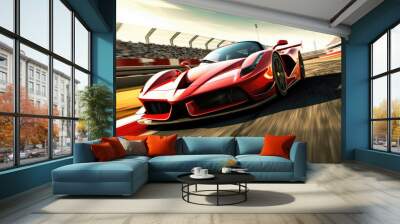 Front view of supercar, Fast moving generic sports car on a racetrack. Wall mural