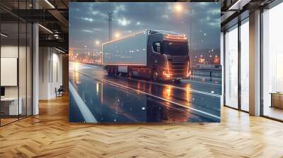 Future of road freight. Truck. Big Semi-Truck with Cargo Trailer Drives on the Road. Generative AI. Wall mural