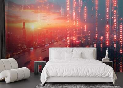 Futuristic cityscape with a massive digital display at dusk. Generative AI. Wall mural