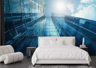 Futuristic high-rise building with a unique design in a business district, towering above the city, reflective glass facade, bustling and energetic atmosphere. low angle view. Generative AI. Wall mural