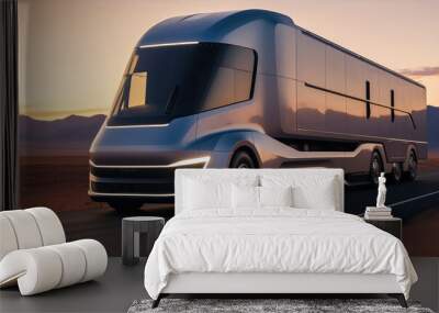 Futuristic truck driving on road in desert landscape Wall mural