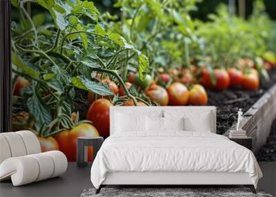 Garden raised bed of tomatoes. Generative AI. Wall mural