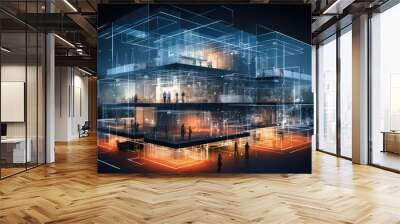 Generate a 3D X-ray of an office building. Overlay the image with abstract plexus featuring a mesmerizing interplay of lines and dots. Wall mural