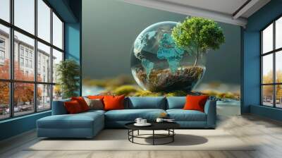 Globe Concept. World environment and earth day concept with glass globe and eco friendly environment, care, nature, concept, earth, eco, ecology, globe, global, environment. Generative AI. Wall mural