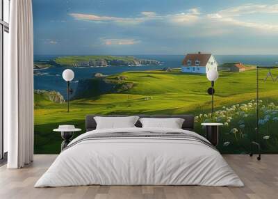 Green grassland, Nordic-style houses, sunlight shining on the earth, blue sea in the distance. Generative AI. Wall mural