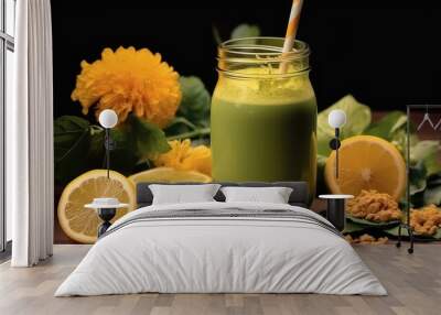 Green organic smoothie on table. Wall mural