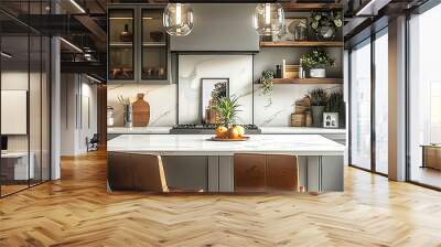 Grey cabinets, white marble countertop with a wood top and two leather bar stool in front of it. Hanging over the island is a pendant light with glass shades and metal frame. Behind the kitchen table. Wall mural