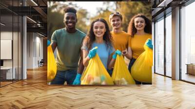 Group of adolescent volunteers cleaning together a public park. Wall mural