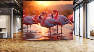 Group of Flamingos standing in water at sunset. Wall mural