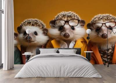 Group of hedgehog in vibrant bright fashionable on orange background, Creative animal concept. Wall mural