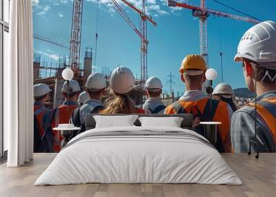 Group of male construction students looking at beautiful construction site, white safety helmets, learning, open blue sky, inspiring, crane. Generative AI. Wall mural