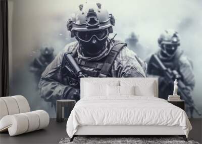 Group of soldiers on a background of smoke on war area, Concept of military operations, Special operations. Wall mural