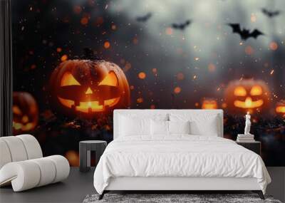 Halloween Background, One spooky halloween pumpkin, Jack O Lantern, with an evil face and eyes, Spooky scary dark Night forrest. Generative AI. Wall mural