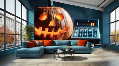 Halloween pumpkin, next to coins and calculator, financial market elements, black background. Wall mural